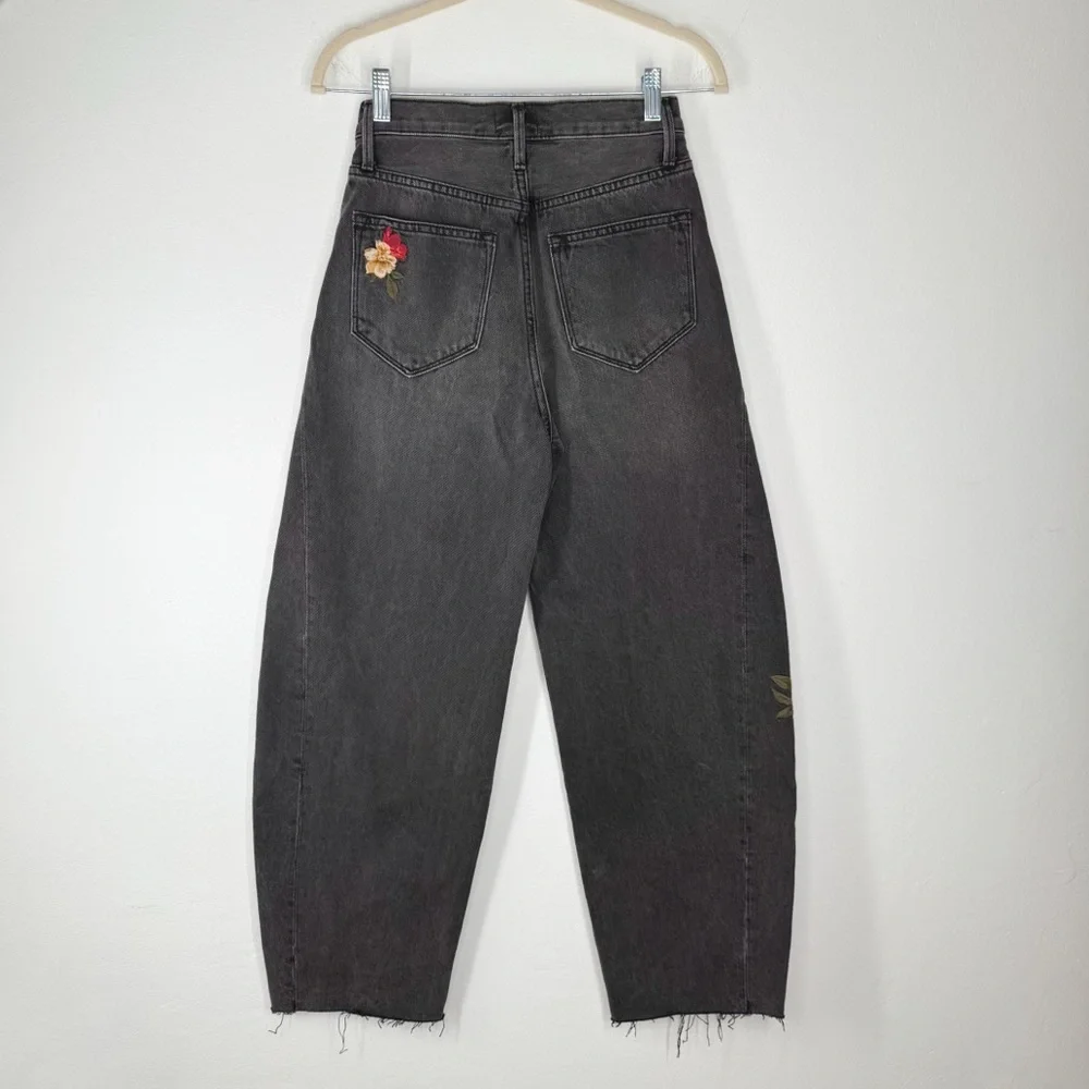 Driftwood Parker Barrel Jeans Faded Black Embroidered Floral Bee Butterfly 24 - Picture 3 of 16